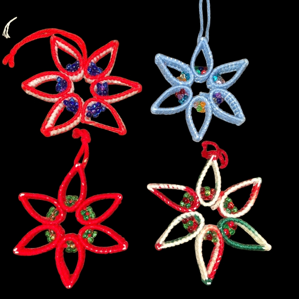 Set Of 4 Colorful Needlepoint And Beaded Star Ornaments
